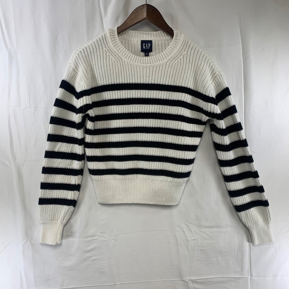 GAP Sweater Women XS White Navy‎ Blue Striped Shaker Stitch Cotton Crewneck